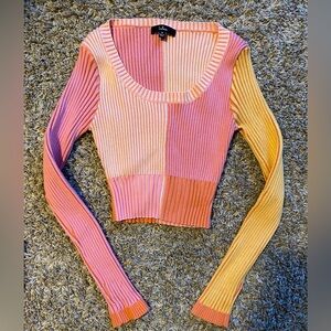 Lulu's Pink and Yellow Ribbed Crop Sweater